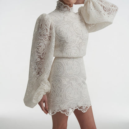 Blancheline™ — Vestido de encaje blanco mangas abullonadas elegancia romántica
