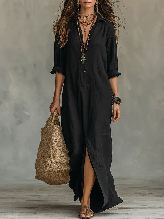 Selena™ | Vestido Maxi Negro Holgado con Botones