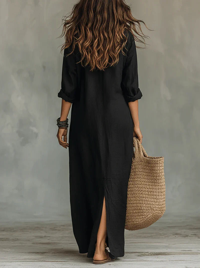 Selena™ | Vestido Maxi Negro Holgado con Botones