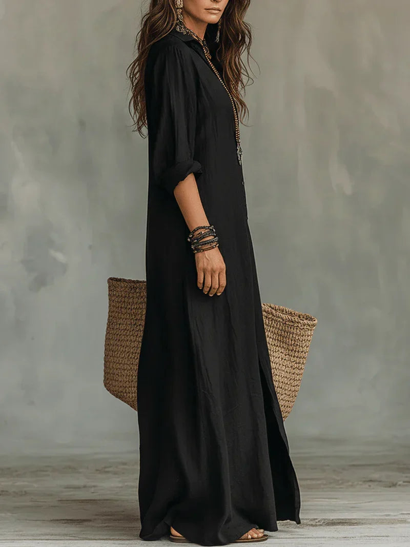 Selena™ | Vestido Maxi Negro Holgado con Botones