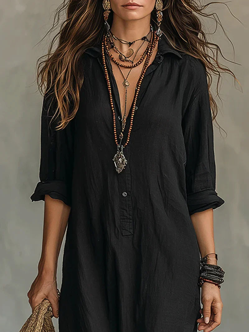 Selena™ | Vestido Maxi Negro Holgado con Botones