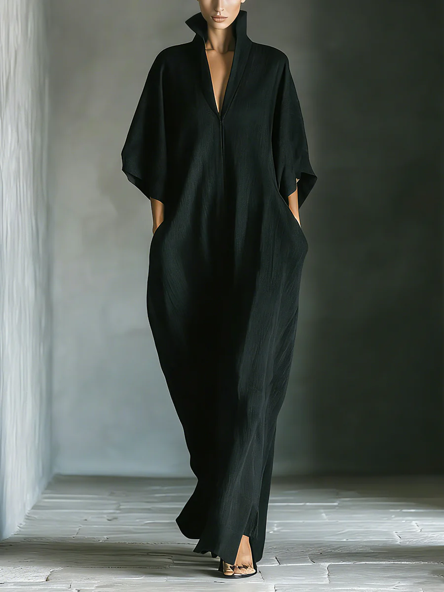 Alejandra™ | Vestido largo negro oversize minimalista con manga kimono
