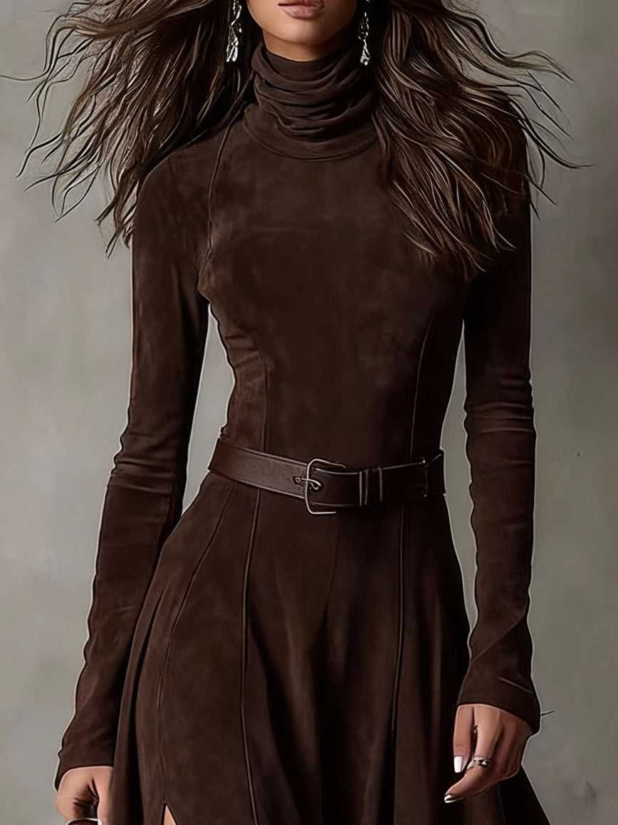 Vestido de Ante Sintético con Cuello Alto, Manga Larga y Abertura (Incluye cinturón)