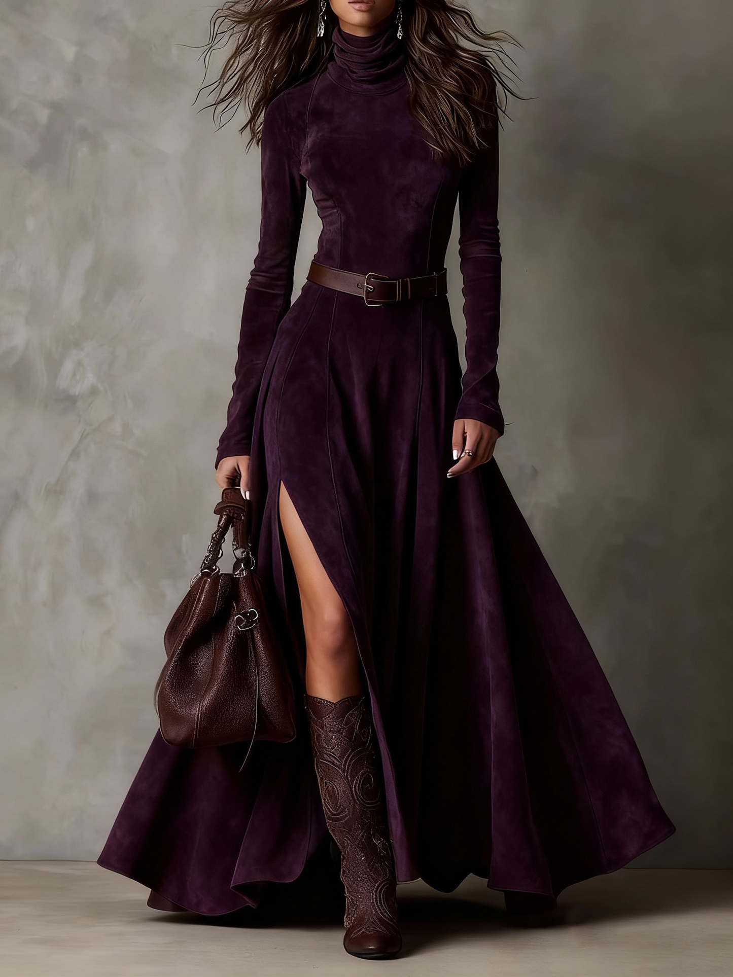 Vestido de Ante Sintético con Cuello Alto, Manga Larga y Abertura (Incluye cinturón)