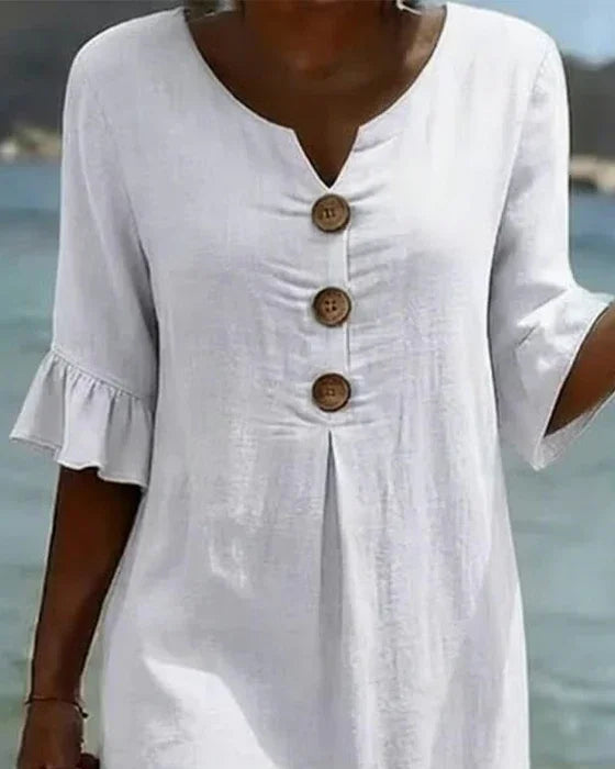 Vanesa | Vestido con textura de lino con manga abullonada y botones