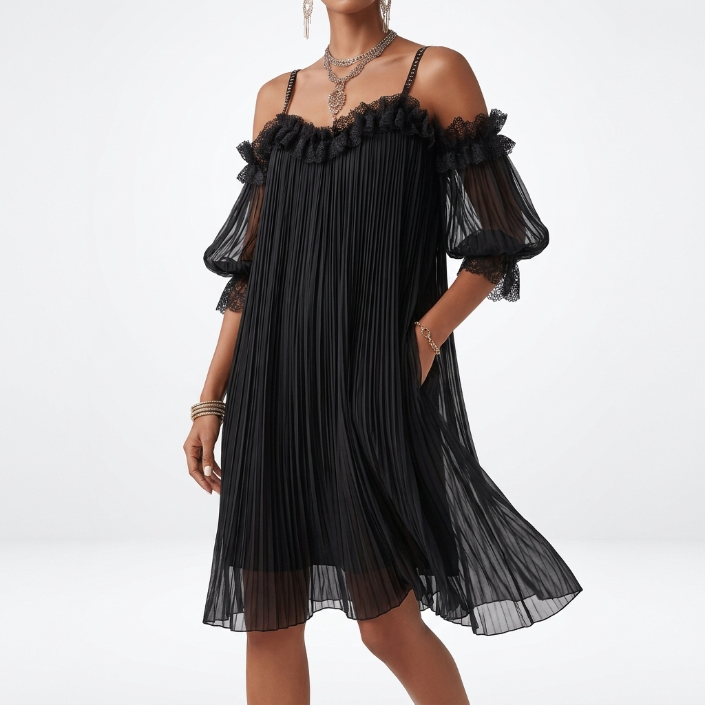 Volantine™ — Vestido corto hombros descubiertos plisado con volantes