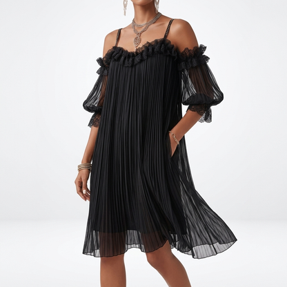 Volantine™ — Vestido corto hombros descubiertos plisado con volantes