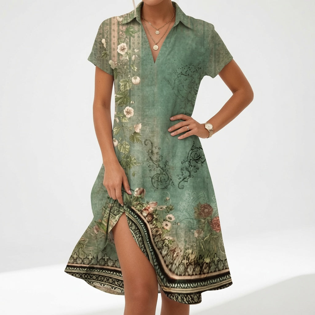Chemiselle™ — Vestido camisero cuello V con abertura lateral estampado