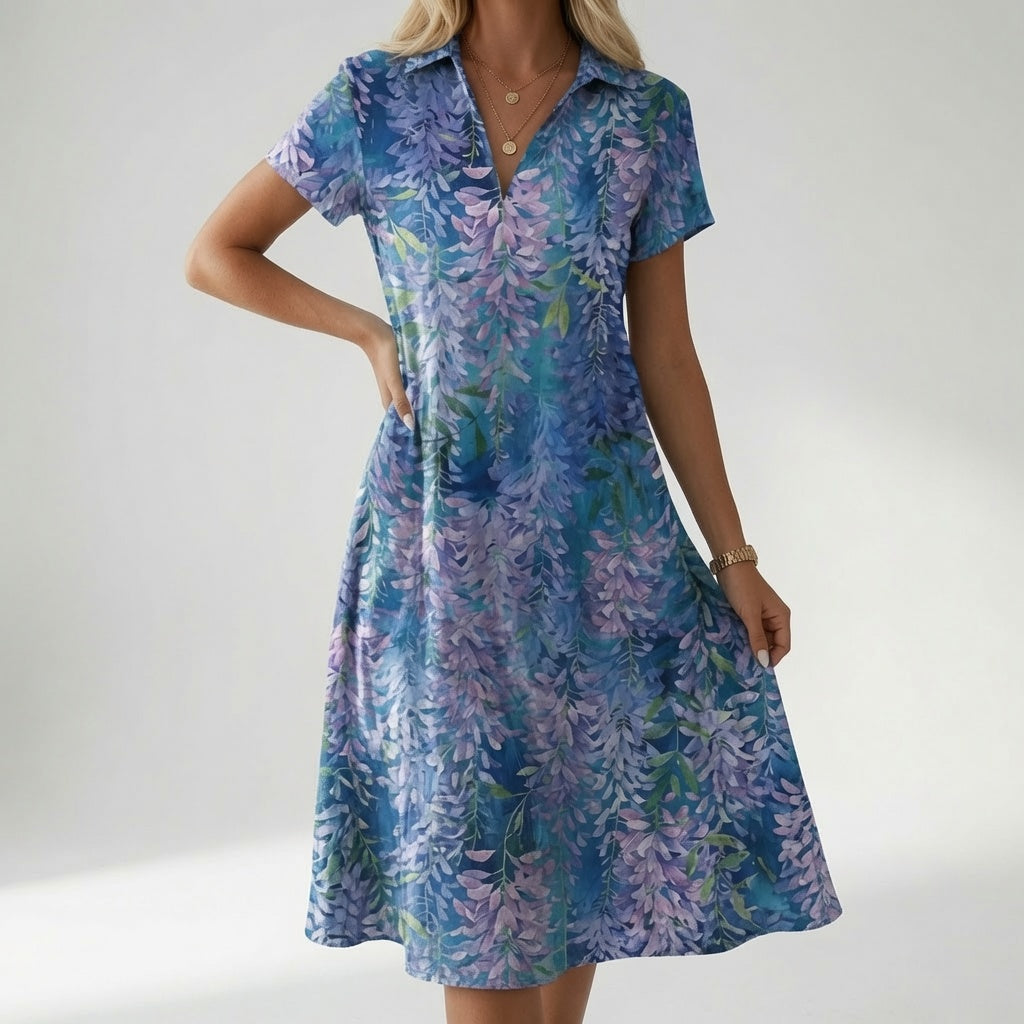 Chemiselle™ — Vestido camisero cuello V con abertura lateral estampado
