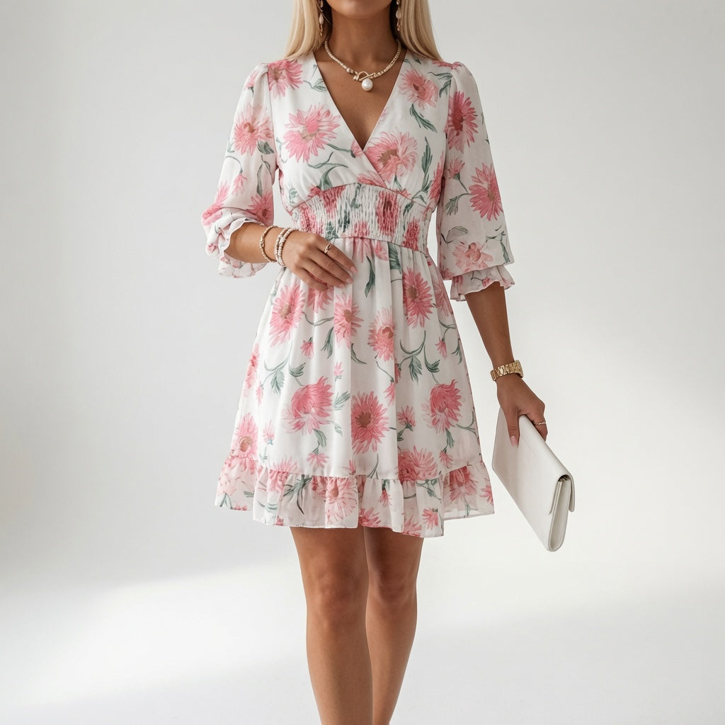Églantine™ — Vestido mini floreado con cintura fruncida