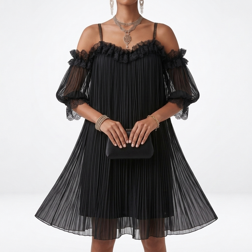 Volantine™ — Vestido corto hombros descubiertos plisado con volantes