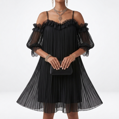 Volantine™ — Vestido corto hombros descubiertos plisado con volantes