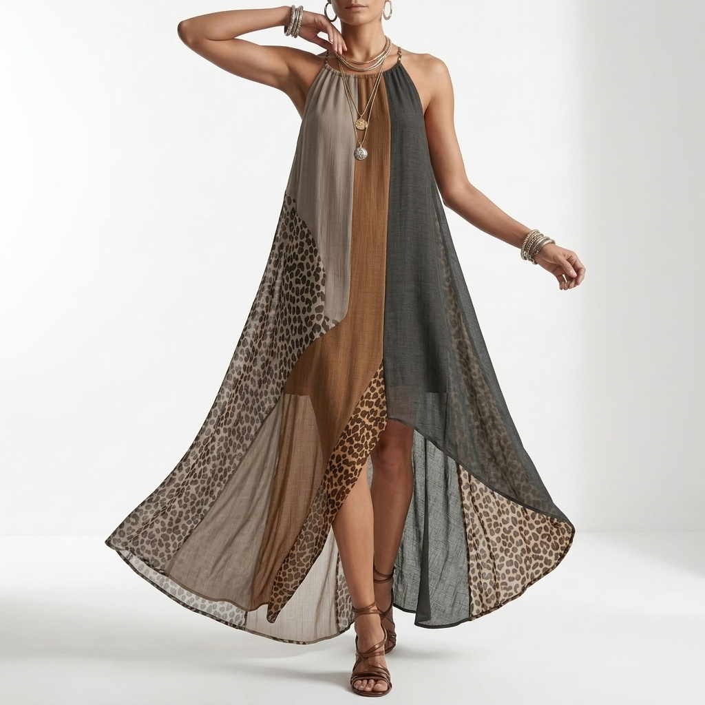 Fauveline™ — Vestido maxi halter color block estampado animal