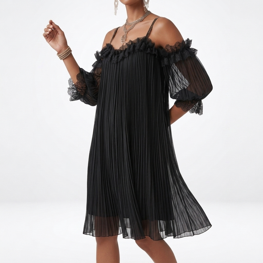 Volantine™ — Vestido corto hombros descubiertos plisado con volantes