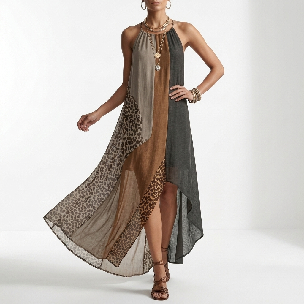 Fauveline™ — Vestido maxi halter color block estampado animal