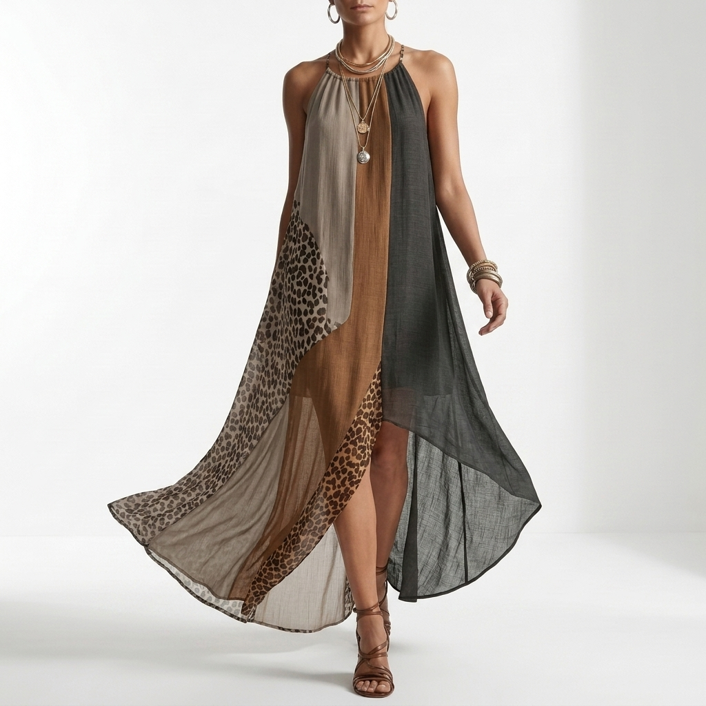 Fauveline™ — Vestido maxi halter color block estampado animal
