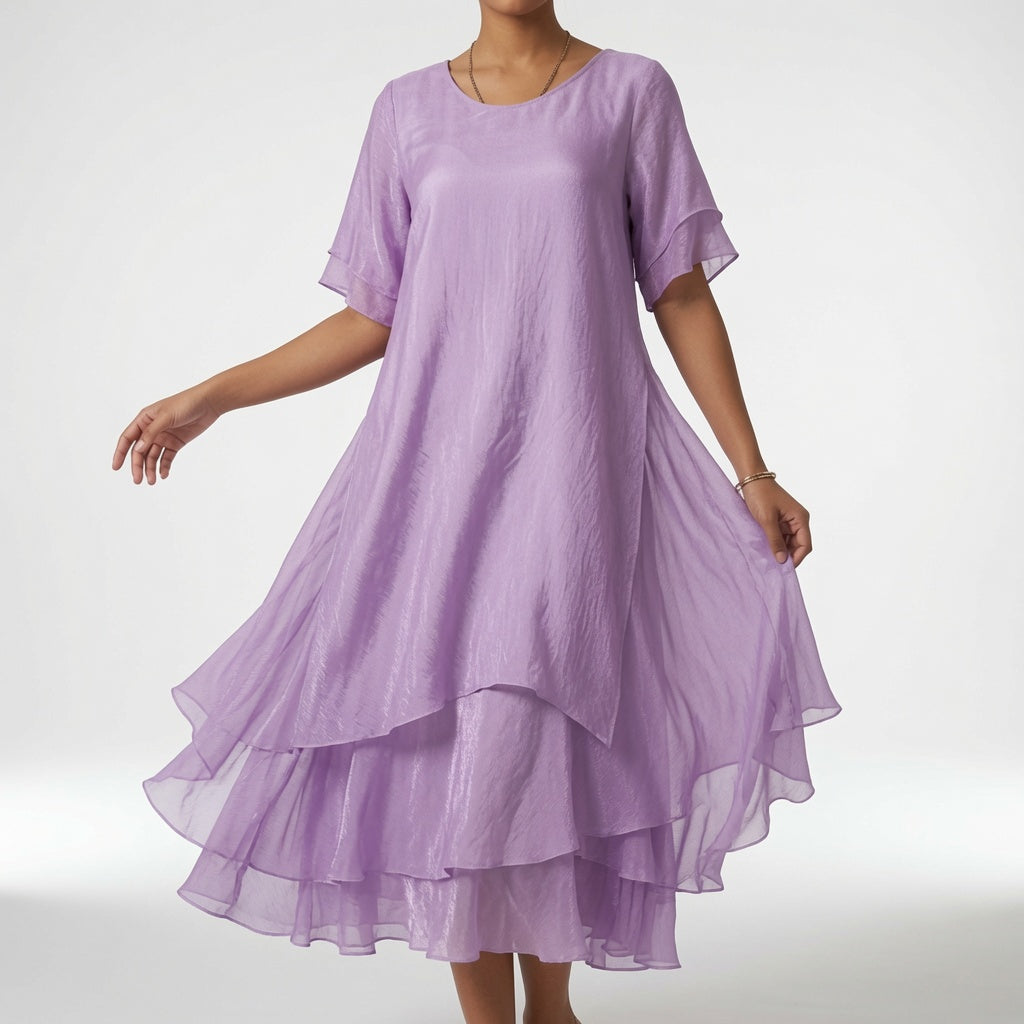 Linette™ — Vestido midi cuello redondo bajo por capas amplio