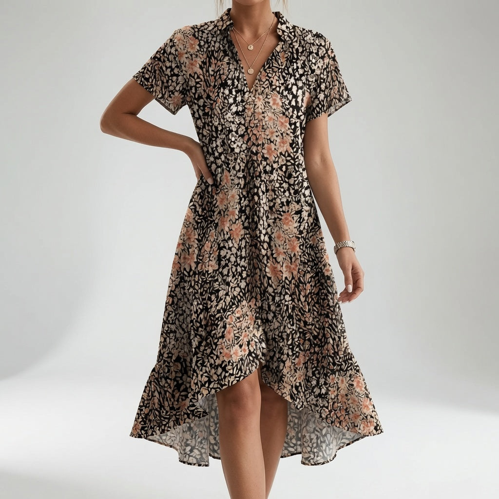 Chemiselle™ — Vestido camisero cuello V con abertura lateral estampado