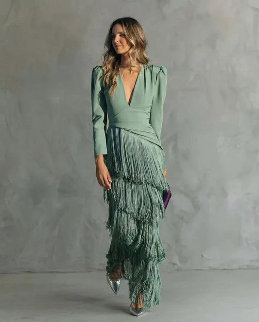 Clara™ | Vestido midi elegante con mangas de flecos