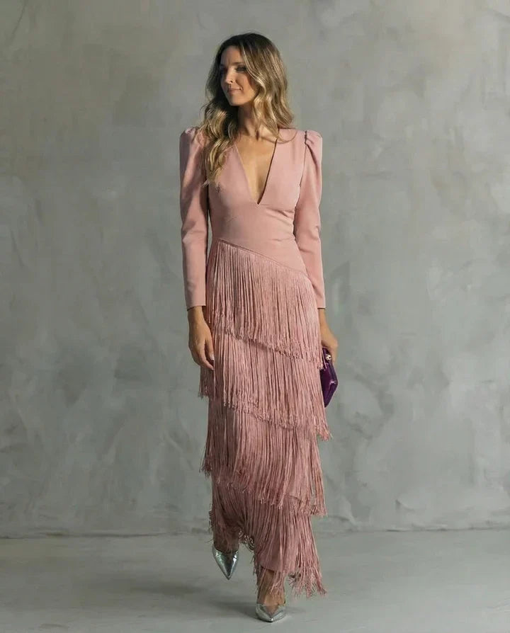 Clara™ | Vestido midi elegante con mangas de flecos