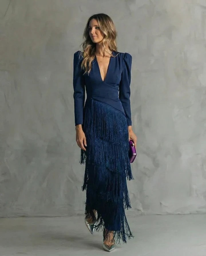 Clara™ | Vestido midi elegante con mangas de flecos