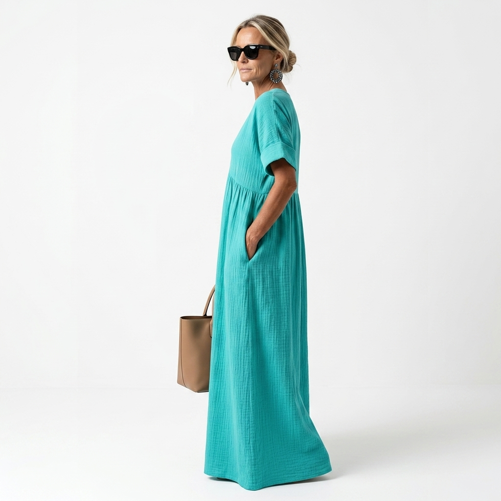 Azurine™ — Vestido maxi mediterráneo fluido vibrante