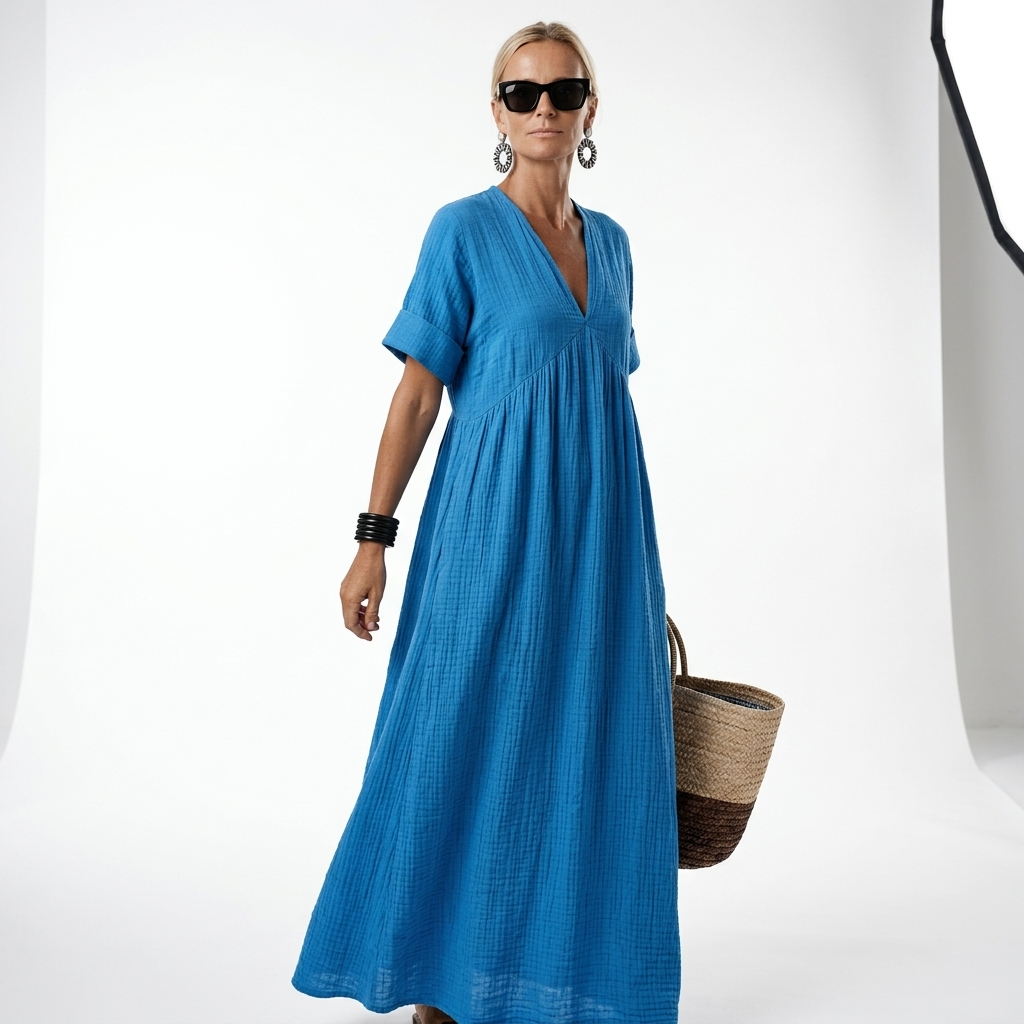 Azurine™ — Vestido maxi mediterráneo fluido vibrante
