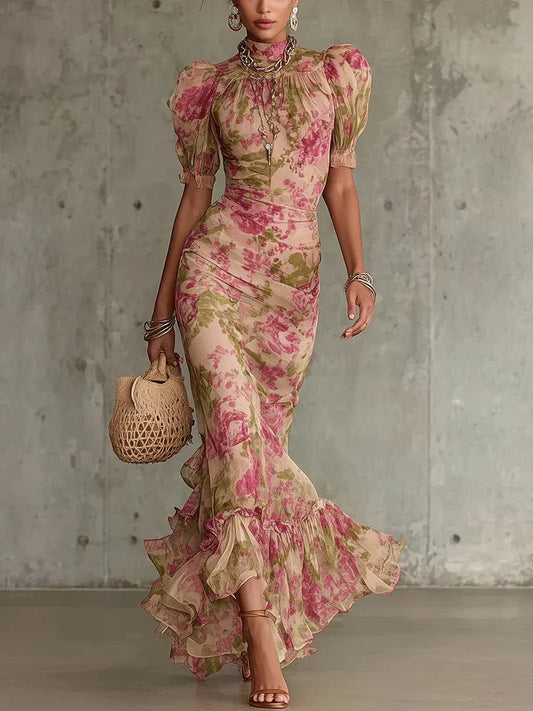 FIONA | VESTIDO LARGO CON ESTAMPADO VINTAGE DE ROSAS Y MANGAS ABULLONADAS