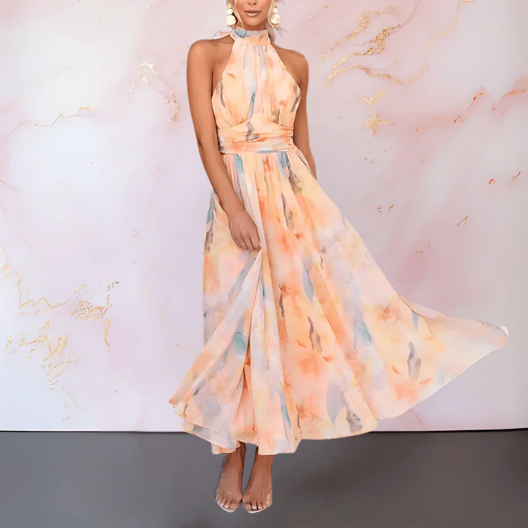 ESTHER | VESTIDO CON CUELLO HALTER Y ESTAMPADO DE ACUARELA