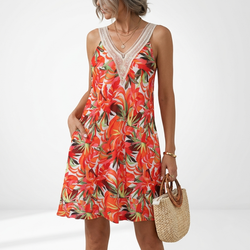 Tropicelle™ — Vestido corto de tirantes estampado tropical por capas