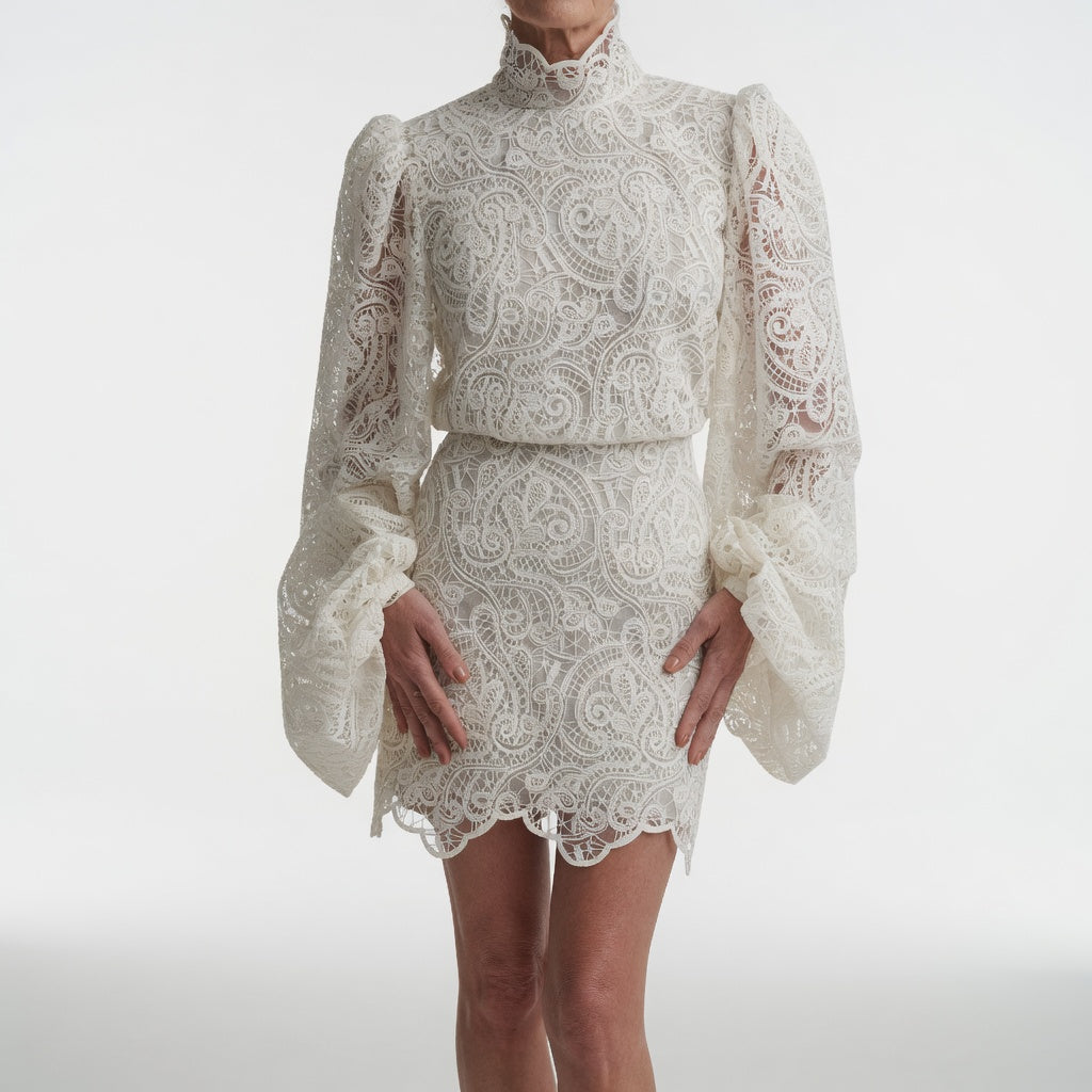 Blancheline™ — Vestido de encaje blanco mangas abullonadas elegancia romántica