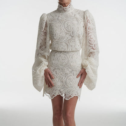 Blancheline™ — Vestido de encaje blanco mangas abullonadas elegancia romántica